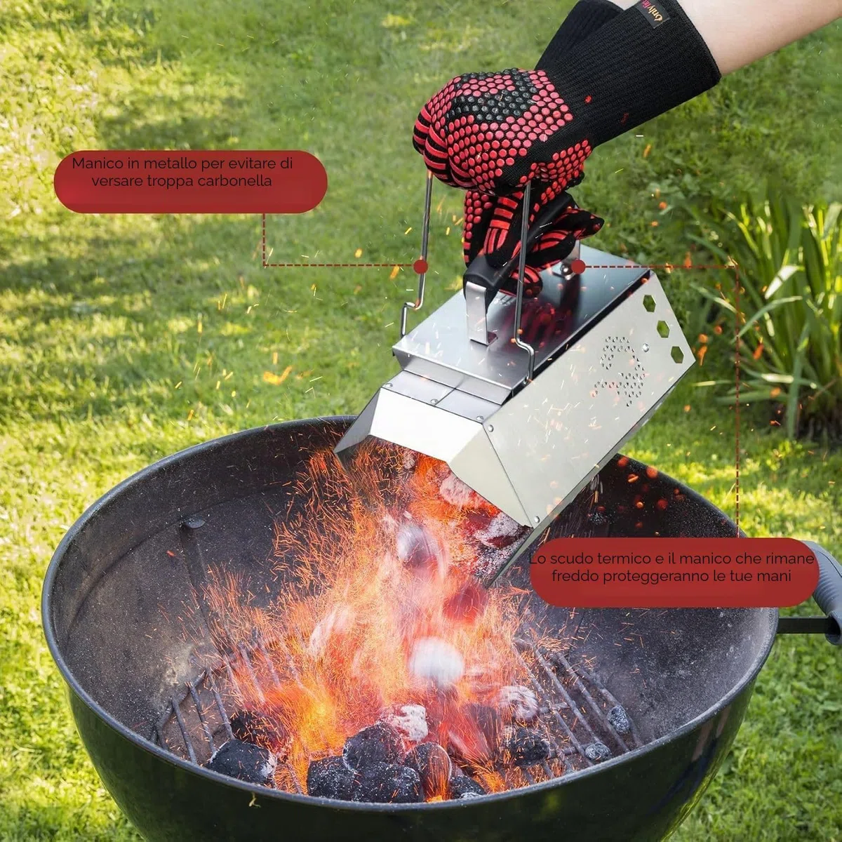 onlyfire Ciminiera Accenditore in Acciaio Inox, Starter per Camini da Barbecue con Sicurezza Isolata Termicamente e Manici in Metallo, Accenditore Rapido per Barbecue e Griglie a Carbonella