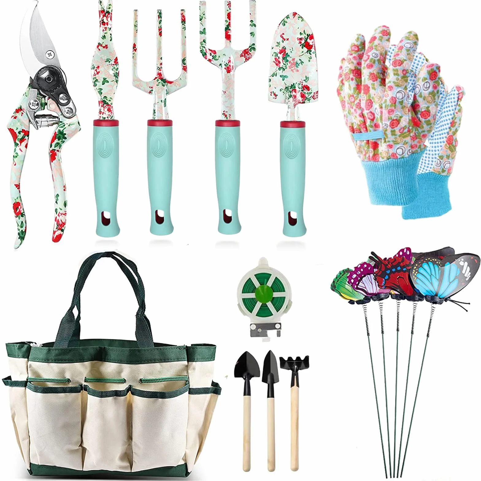 Set di Attrezzi da Giardinaggio, Kit Giardinaggio di Attrezzi Manuali da Floreale Giardino da 16 Pezzi, Regali da Giardinaggio per Donne e Uomini, Attrezzi da Giardinaggio per Impieghi Gravosi