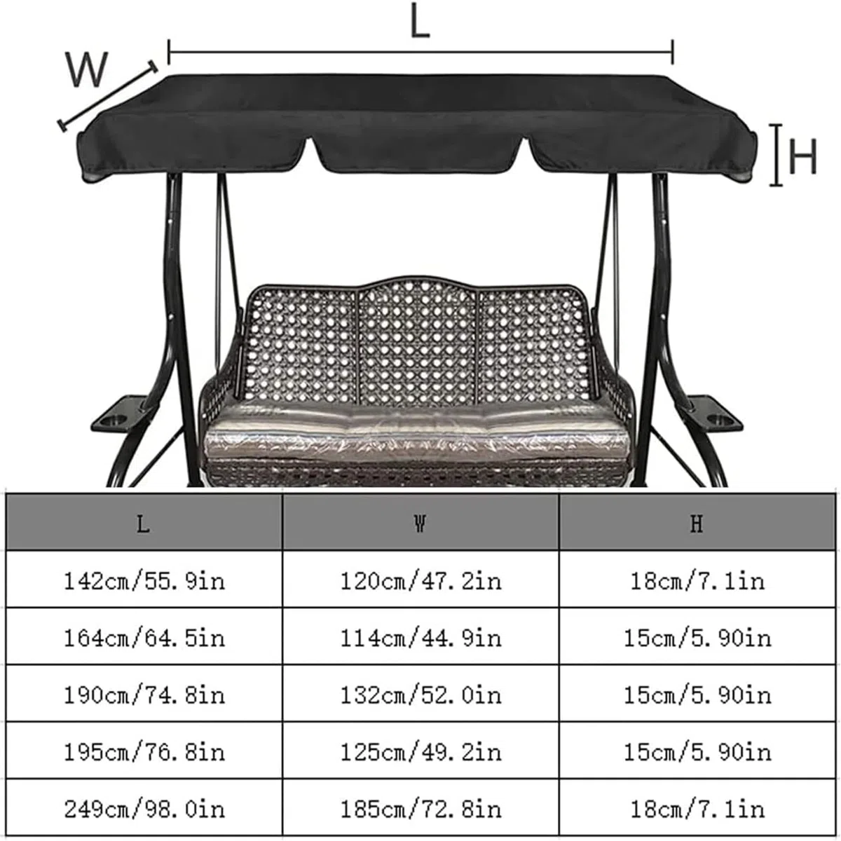 Set di coperture per dondolo da giardino, a 3 posti, impermeabile, antivento, anti-UV, resistente, a prova di strappo, copertura superiore per amaca da giardino (TYP-6,164 x 114 x 15 cm/150 x 50 x 10
