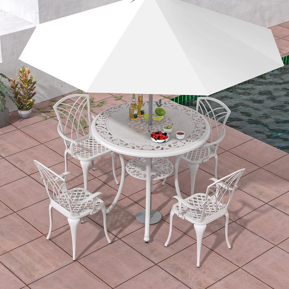 GIANTEX Soggiorno da giardino esterno, tavolo da giardino con sedia in ghisa di alluminio, tavolo da bistrot 5 pezzi per 4 persone, foro dell'ombrellone Dia.5 cm, tavolo rotondo per terrazza, balcone