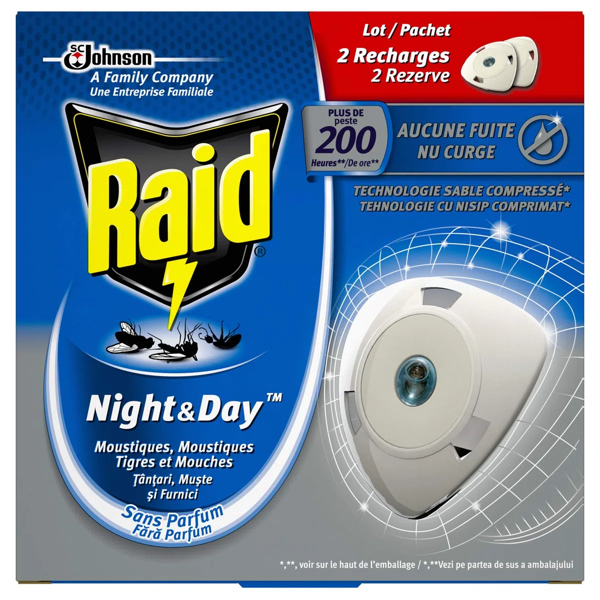 Raid Ricariche per diffusore elettrico a sabbia compresso, Zanzariera e, zanzare tigri e mosche, Night & Day, Insetticida, 3 Confezioni da 2