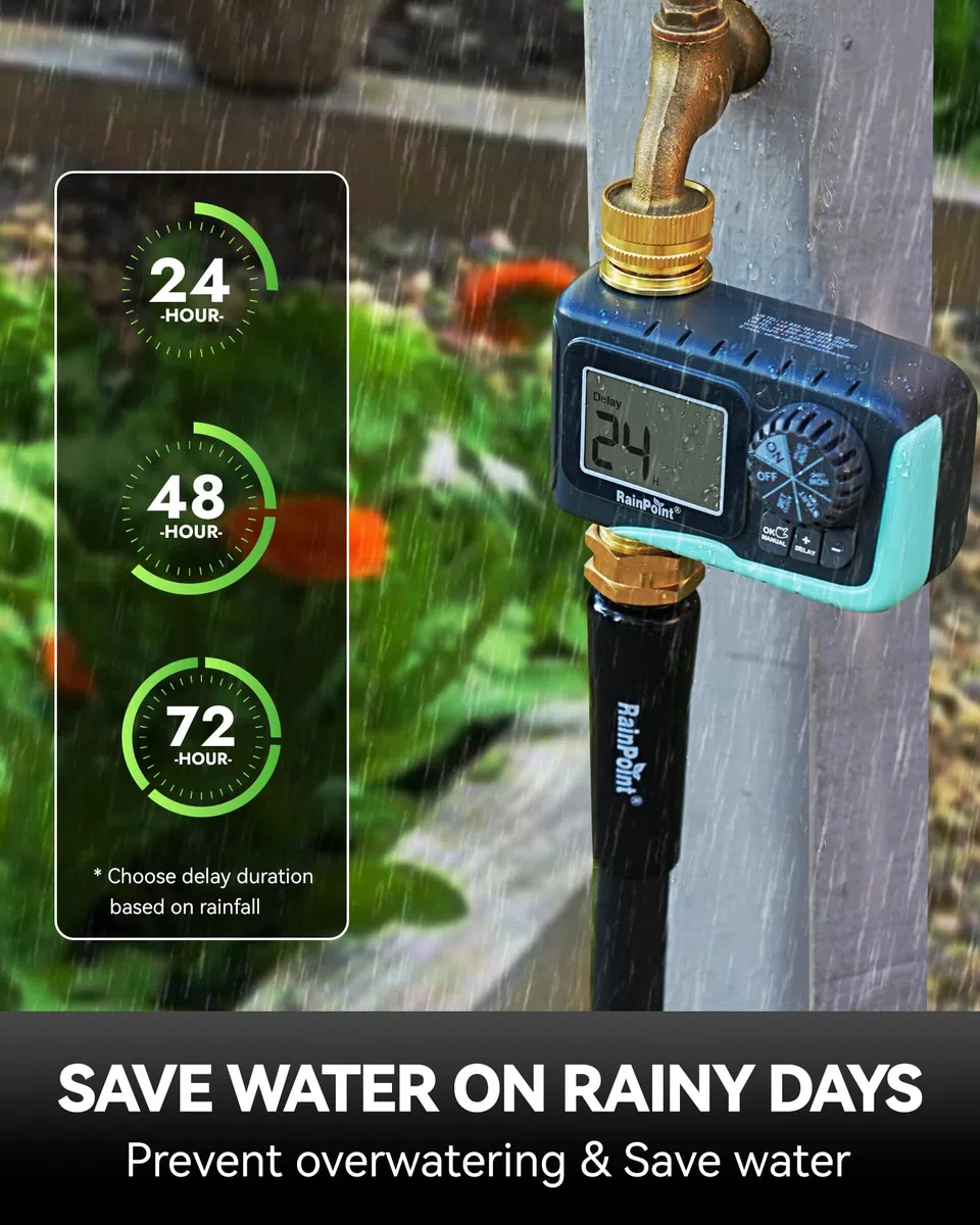 RAINPOINT Timer irrigatore, timer per tubo da giardino, 100% metallo, controller programmabile per irrigazione, controller con irrigazione manuale/ritardo pioggia per prato e giardino, 1 zona 2 pezzi
