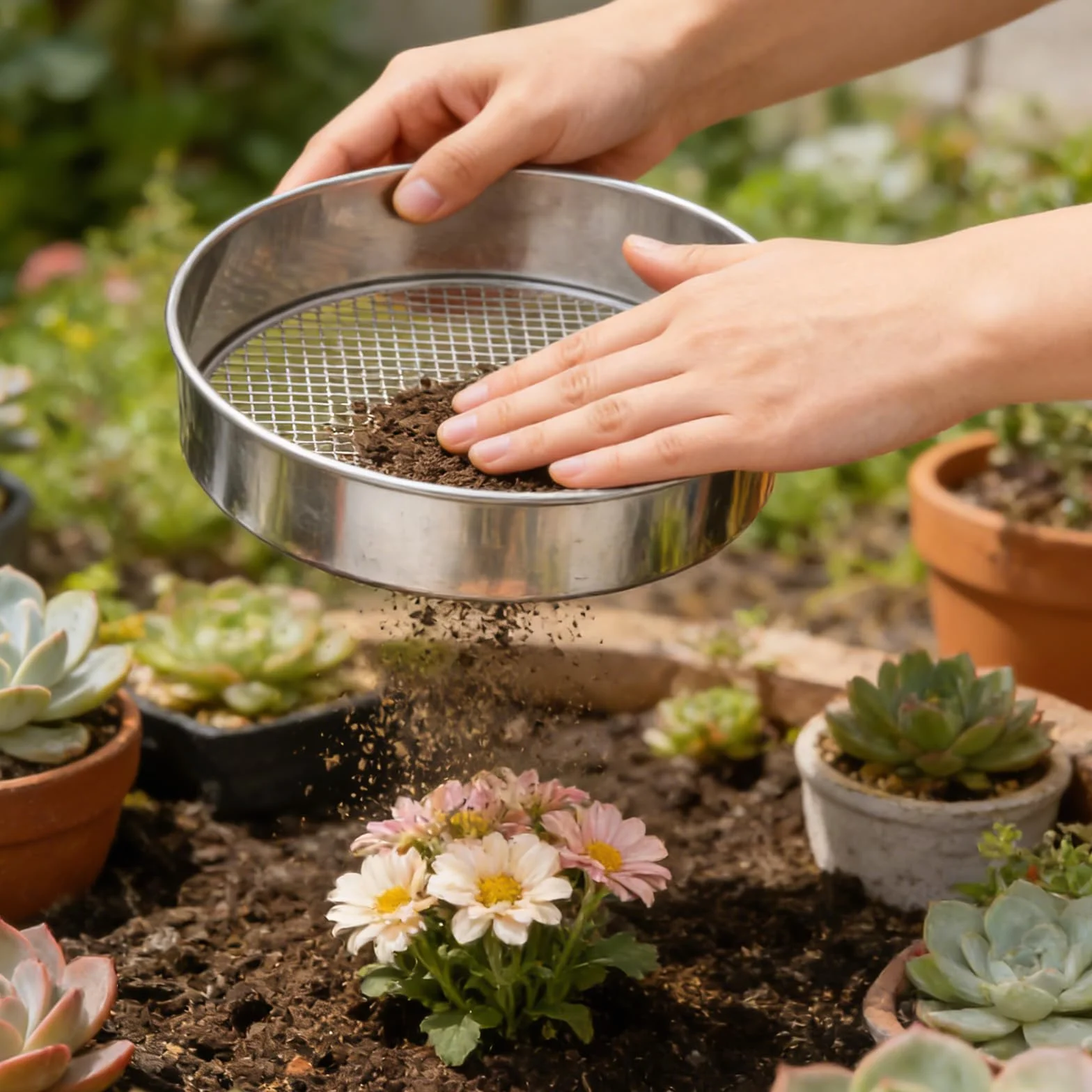 Colino da giardino rotondo 5 in 1 in acciaio inox, colino per compost multiuso, rotondo, per giardinaggio, 5 inserti intercambiabili (1/3/6/9/12 mm), con paletta in acciaio inox e tappetino giallo
