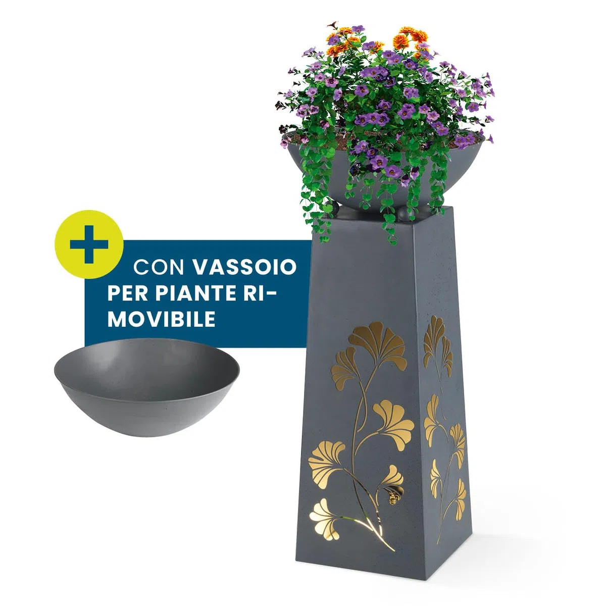 Hoberg LED Fioriera su piedistallo Foglie di Ginkgo Design in Color Cemento | Vaso Rimovibile (Ø 34cm) Adatto per Uso Interno ed Esterno | Illuminazione Integrata, USB o Solare [23 x 23 x 70 cm]