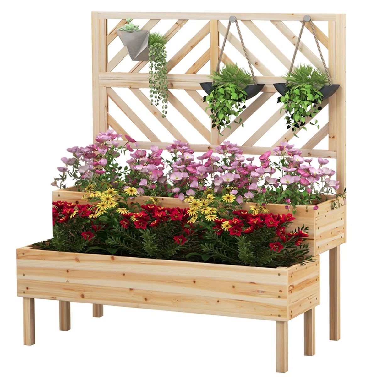 HOMASIS Fioriera con Grigliato in Legno per Esterno, Fioriera con Traliccio a 2 Ripiani, Orto Rialzato Verticale per Piante Rampicanti in Abete con Fori di Drenaggio, 109 x 62 x 135 cm (Naturale)