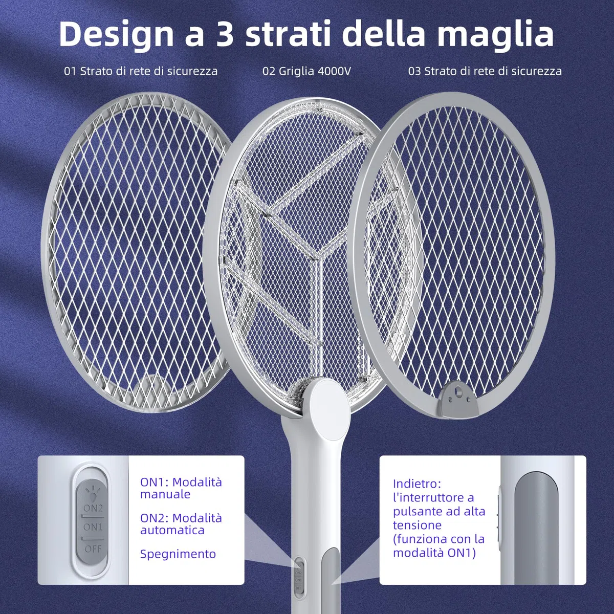 PALONE Racchetta Zanzare Elettrica, Ricaricabile 4000V Racchetta Zanzare Elettrico con USB C, Protezione Maglia a 3 Strati, Antizanzare per Casa Campeggio Interni ed Esterni
