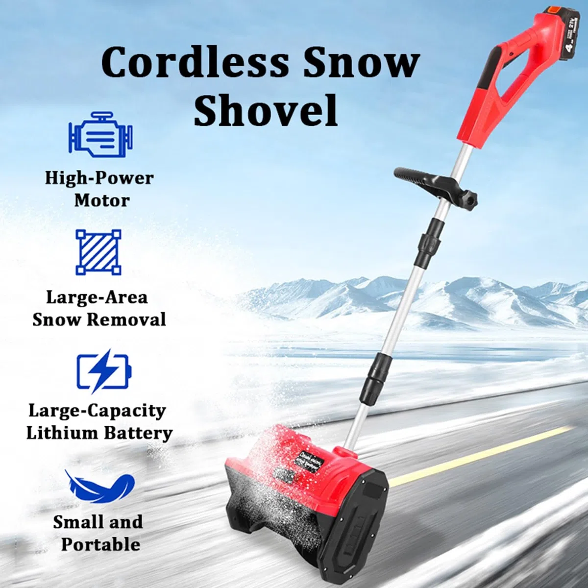 Pala da neve senza fili, direzione regolabile, asta telescopica, senza fili, a batteria, spazzaneve per strade scolastiche e vialetti