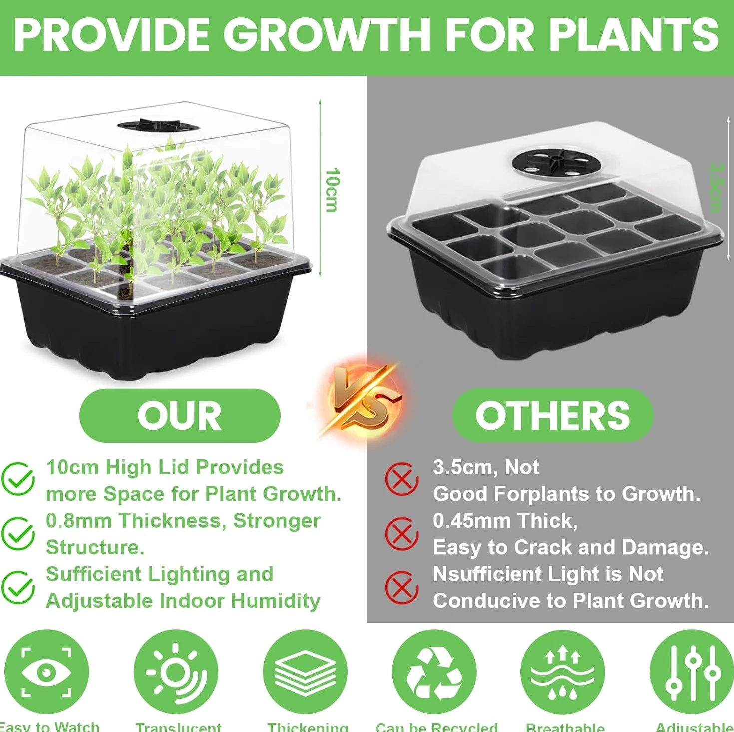 Vassoi per semi,10 Pack 120 Celle Propagator Growing Addensano i Vassoi,Propagator con Coperchi Rialzati,Vassoi Semina,Kit di vassoi di coltivazione di semi di piante riutilizzabili