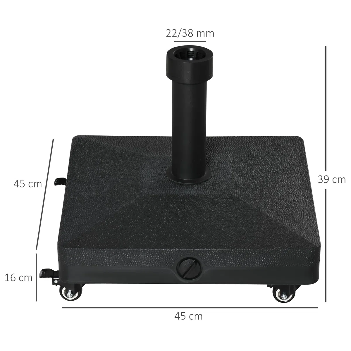 Outsunny Base per Ombrellone con Ruote Riempibile Fino a 20kg, Base Ombrellone in HDPE per Pali da Ø22-38mm, 45x45x39cm, Nero