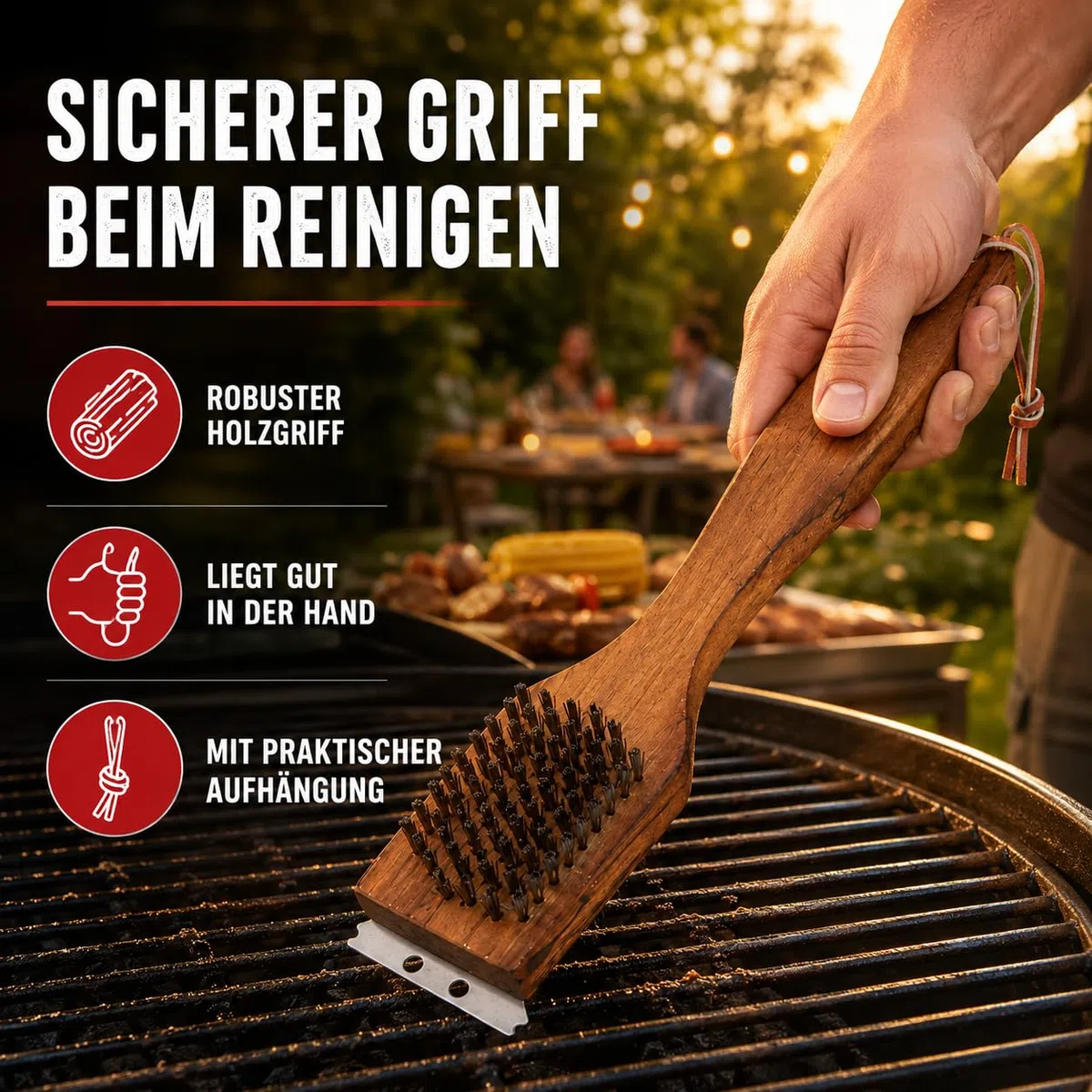 Kyto Spazzola per la pulizia del barbecue, manico in legno, 31 cm, accessorio per barbecue, spazzola in acciaio