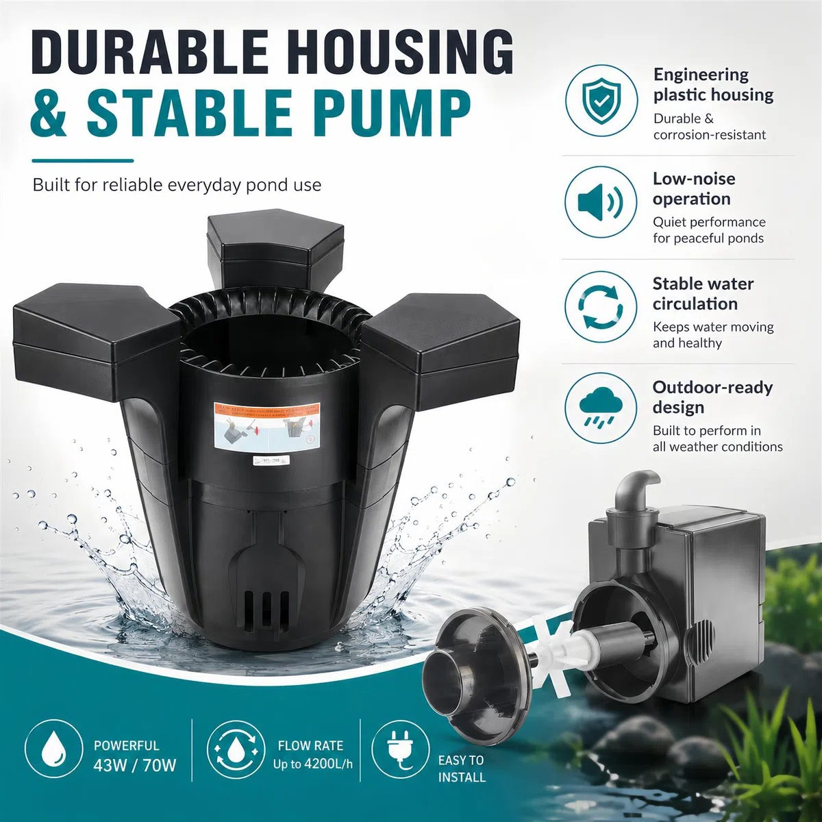 Skimmer galleggiante per laghetto con pompa aeratore integrata, filtraggio 43 W/70 W per laghetti da giardino e acqua esterna, efficiente detergente per superfici per acqua pulita