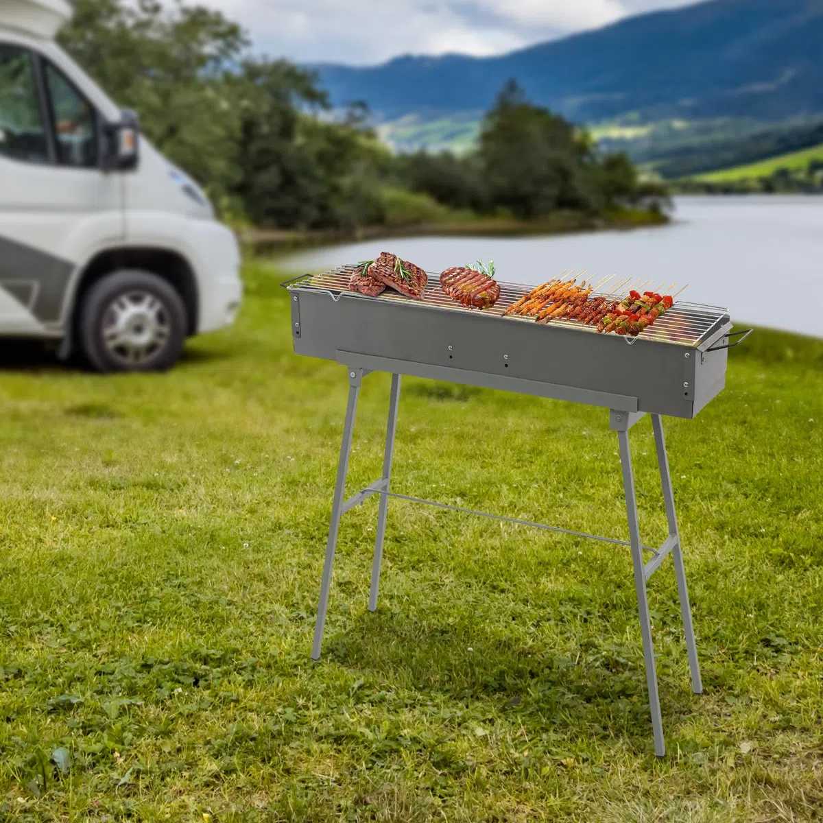 Barbecue portatile a carbonella, pieghevole, con manico portatile, grande capacità, con bordo liscio per carbone, con piedini per picnic, campeggio, barbecue