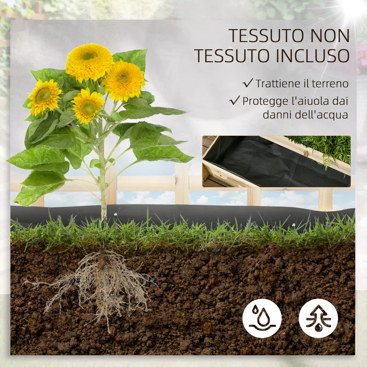 Outsunny Fioriera da Esterno a 3 Livelli con Grigliato in Legno di Abete e Tessuto non Tessuto, 95x95x110 cm, color Legno