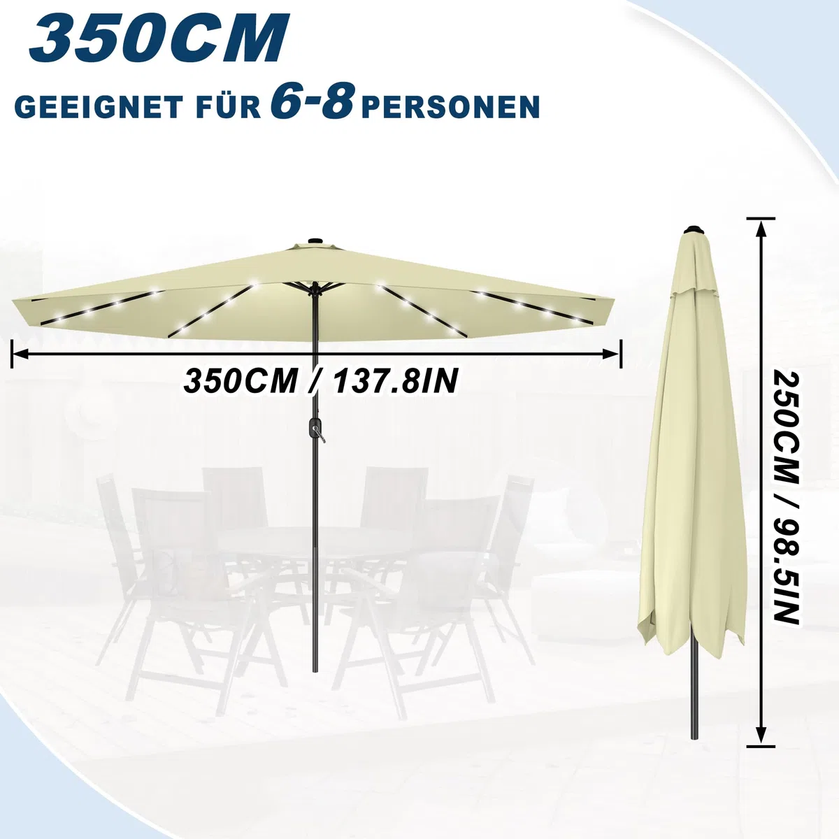 Froadp Ø3.5m Ombrellone da Spiaggia Impermeabile, Gli ombrelli Ottagonale con Ø38mm Manico, Ombrellone da Giardino in Poliestere Protezione Solare per Balcone Terrazza Piscina Patio (Beige con LED)