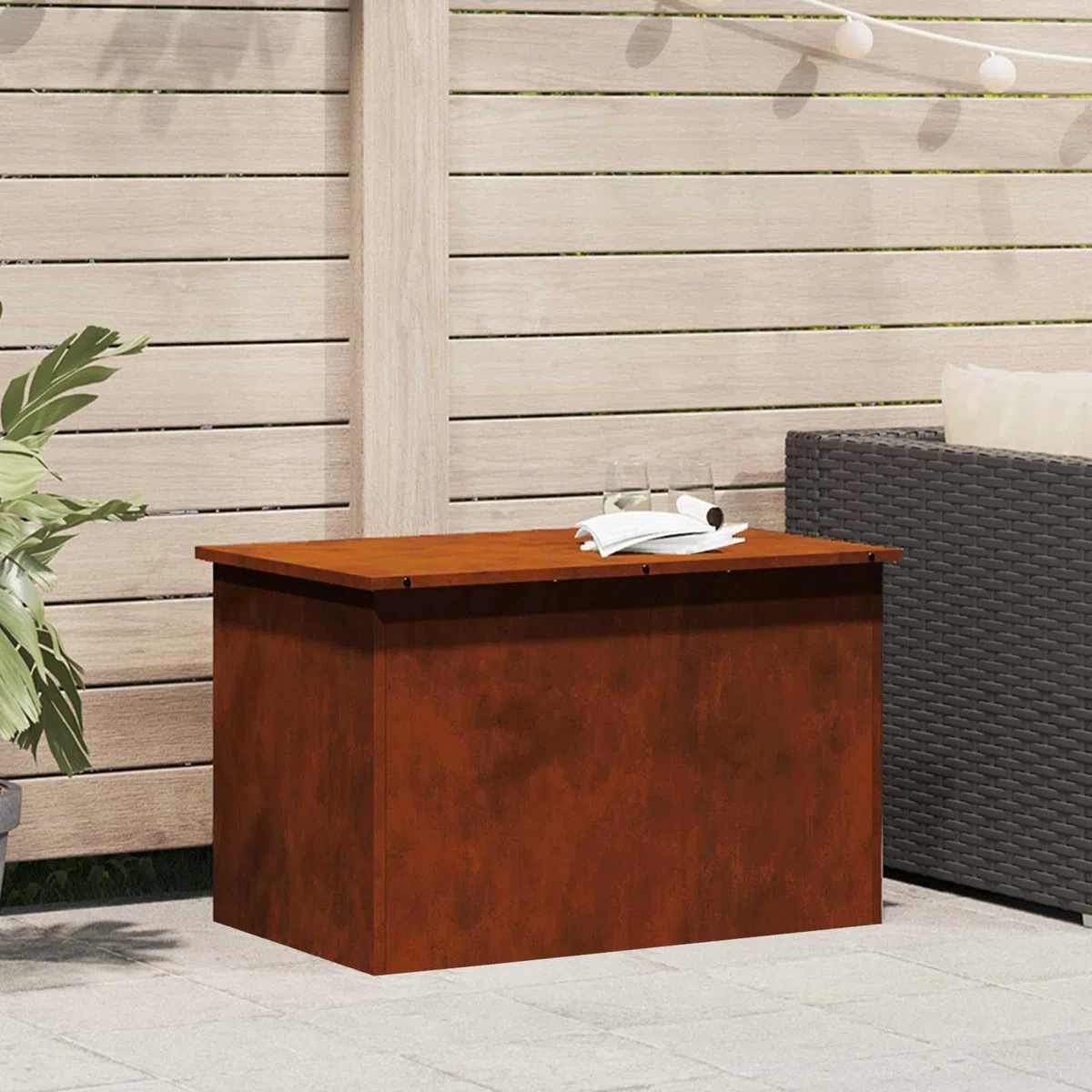 Contenitore per esterni in acciaio arrugginito, 80 x 50,5 x 50 cm, con coperchio sollevatore a gas, resistente alle intemperie, per giardino, terrazza, esterno, salvaspazio e durevole