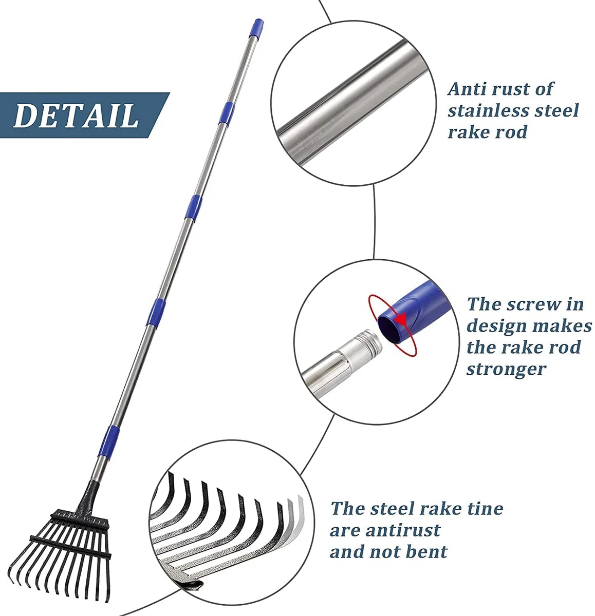 Rastrello da giardino Heavy Duty, per lavori di giardinaggio con 11 denti in metallo di larghezza 21 cm, aggiornato da 78 a 182 cm, manico lungo regolabile per livellamento Yard Cleanup Lawns, argento