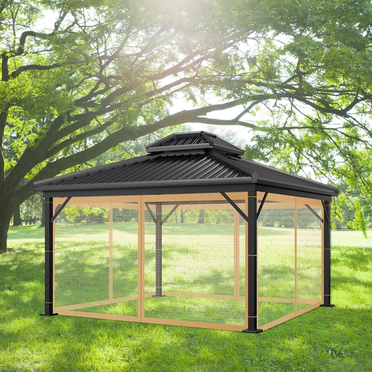 Gazebo, Zanzariera, Rete per Gazebo da Esterno, Ricambio, Universale, 4 Pannelli, Pareti Laterali con Cerniera, Zanzariera Impermeabile, 3 x 3 m, Marrone