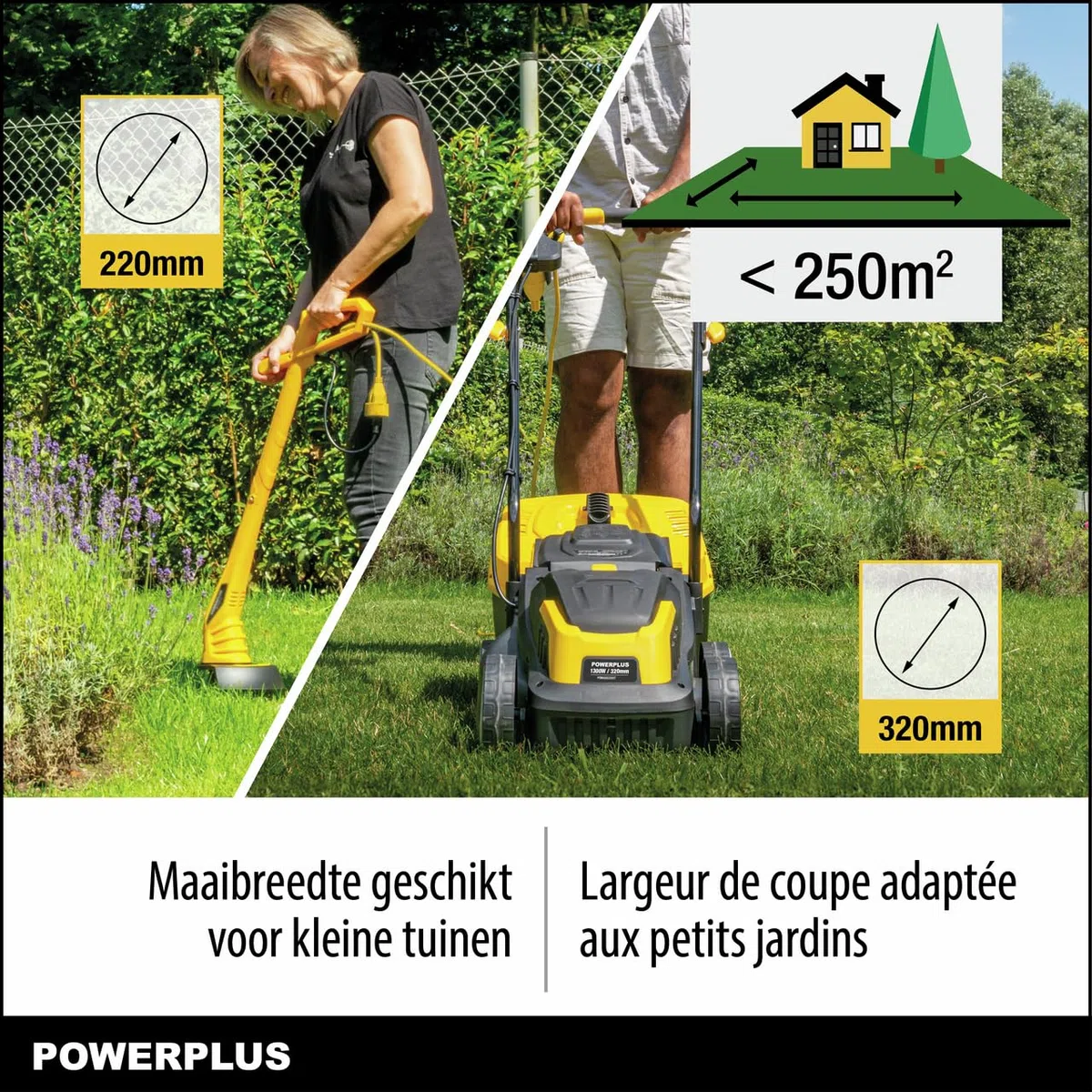 Powerplus Tosaerba elettrico e tagliaerba POWXG62205T – Tosaerba con diametro di 1300 W e 320 mm e tagliaerba con diametro di 250 W e 220 mm, attrezzi da giardino