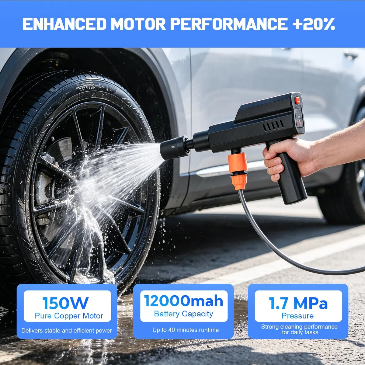 Idropulitrice Portatile Senza Fili 12000mAh, 4 Livelli di Pressione | Ricarica USB-C e Alimentazione Auto 12V, Ugello 5 in 1, Tubo 5 m, Serbatoio Schiuma, Valigetta per Auto, Bici e Giardino