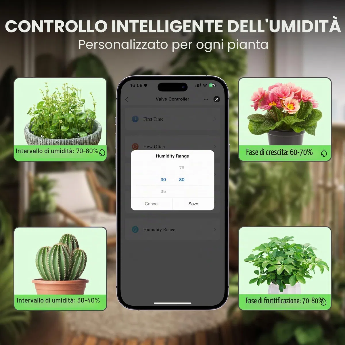 Raddy Sistema di irrigazione solare WS-74 con controllo Smart App, IPX7, impermeabile, sensore di umidità del suolo regolabile, batteria da 2600 mAh, set di irrigazione a goccia automatico per 15