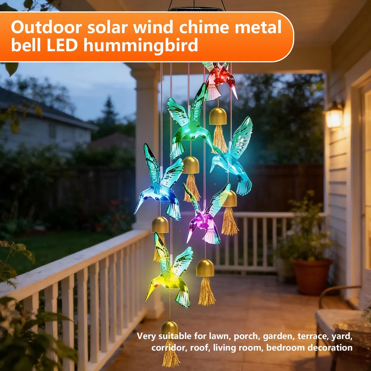 Scacciapensieri da giardino a LED solare, in metallo, per esterni, da appendere, set da 2 campanelli a vento a energia solare, da giardino, con design a colibrì, cambia colore, impermeabile, per