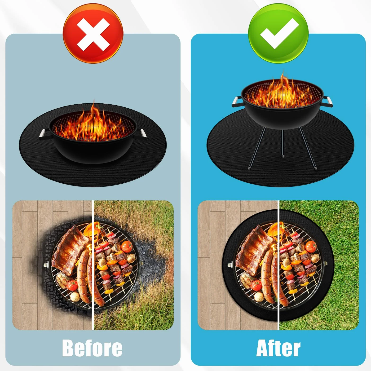 Tappeto Ignifugo per Barbecue,120cm/48" Rotondo Tappetino Ignifugo Riutilizzabile Tappeto Ignifugo Grande Pieghevole Tappetino Ignifugo Adatto per Campeggio Braciere All'aperto