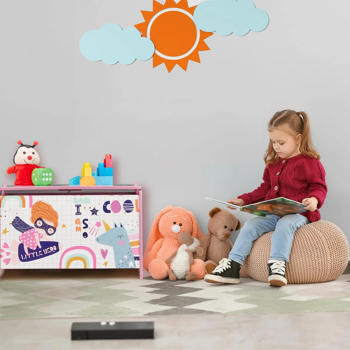 Relaxdays Cassapanca Organizer, Portagiochi per la Cameretta, Design Super Girl, MDF, HxLxP: 39x60x36,5 cm, Rosa/Bianco