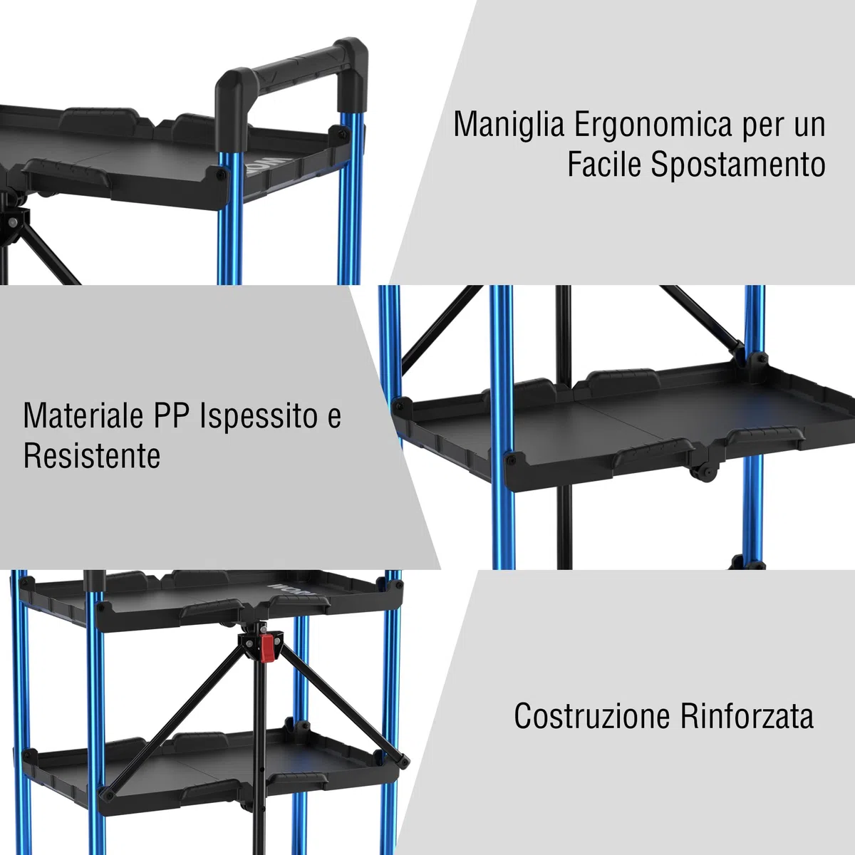 WORKPRO Carrello Pieghevole con Ruote a 3 Strati, Carrello Porta Attrezzi Multifunzione con 4 Ruote (2 con Freno) Carico di 32 kg, Ideale per Garage, Magazzini, Uffici(Non Necessita di Installazione)