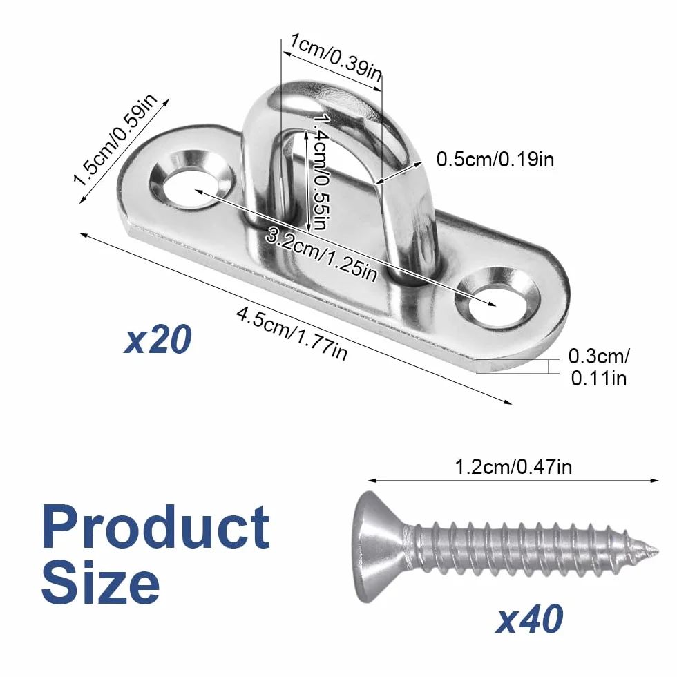 20 Pezzi M5 Piastra Ad Occhiello in Acciaio Inox, Placca Occhiello in 304 con Vite, Occhielli Inox a U, Robusta M5 Gancio per Piastra Oculare per Swing, Amaca, Aerial Yoga, Parasole, Appendere Oggetti