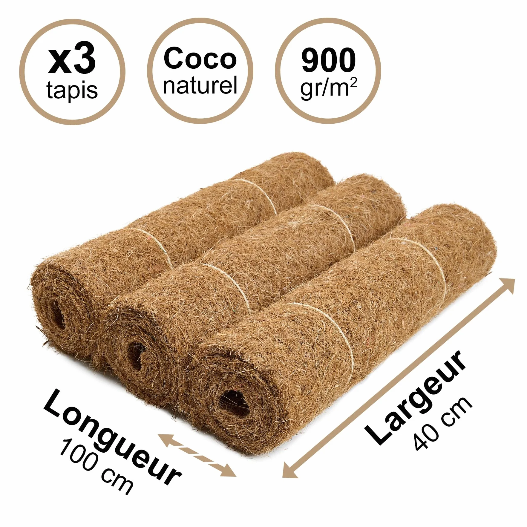 La Cordeline Set di 3 tappeti in Fibra di Cocco Naturale, 40 x 100 cm, 900 g/m², pacciamatura, Protezione Contro Il Freddo, Cattive Erbe, Tappeto Rettile terrario, Marrone