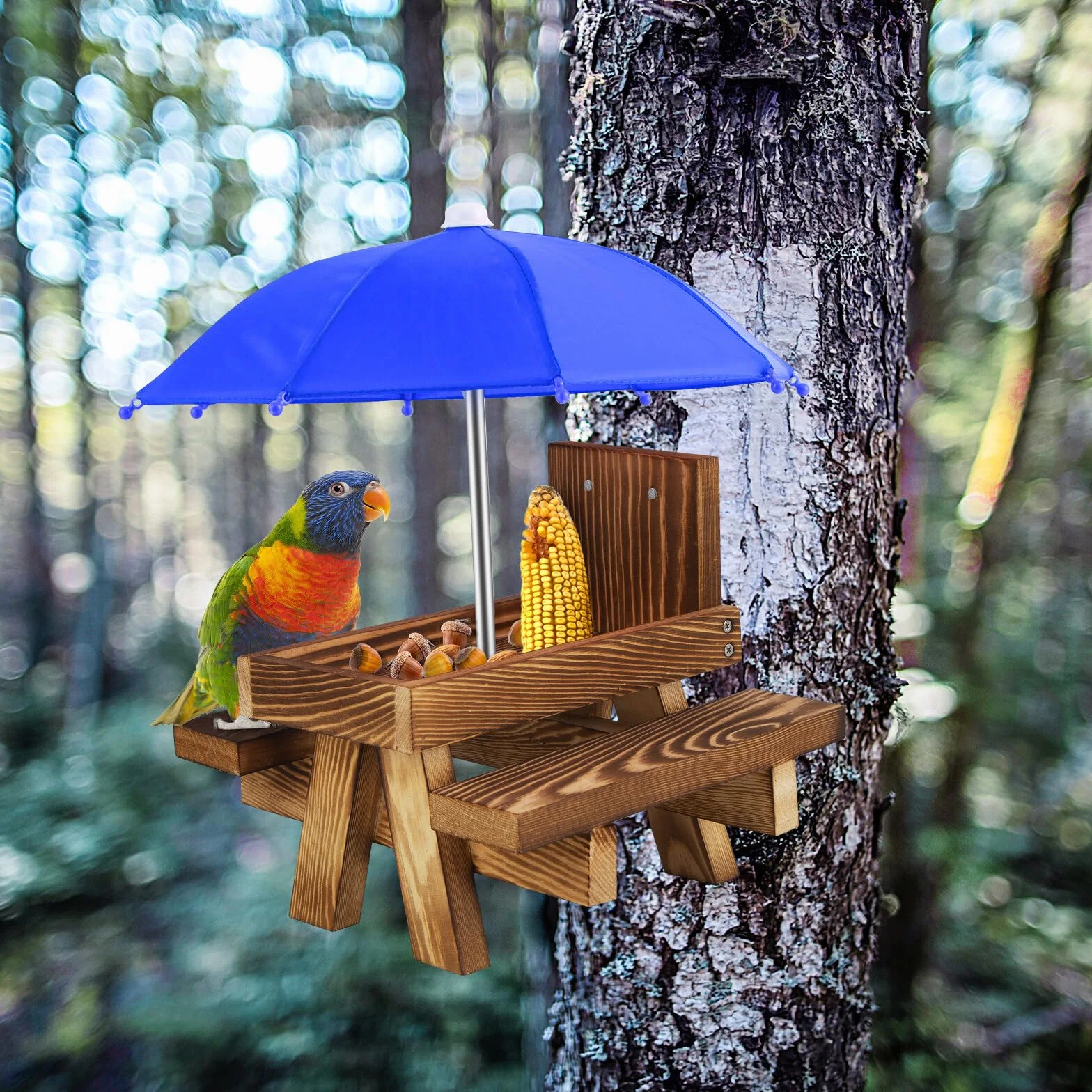 Mangiatoia per scoiattoli, mangiatoia per scoiattoli, in legno, divertente, per scoiattoli, uccelli, scoiattoli, con ombrello, per giardino, cortile, albero