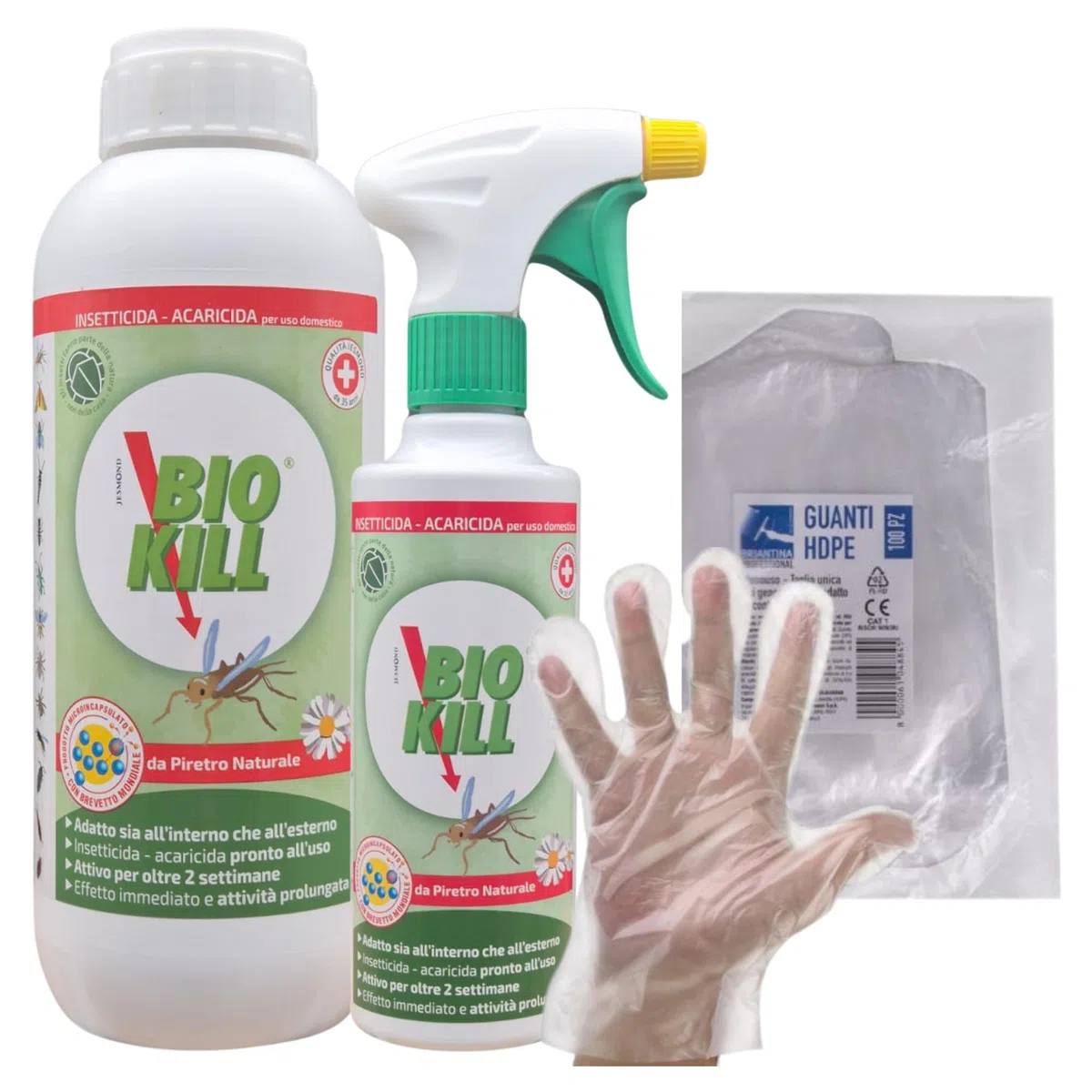 Kit Biokill Insetticida Biologico da Piretro Naturale a Base Acquosa, Acaricida, Non Lascia Odore, Spray da 375ml + Ricarica da 1LT + OMAGGIO 100pz Guanti Monouso (1RIC+1SPRAY+1CF GUANTI)