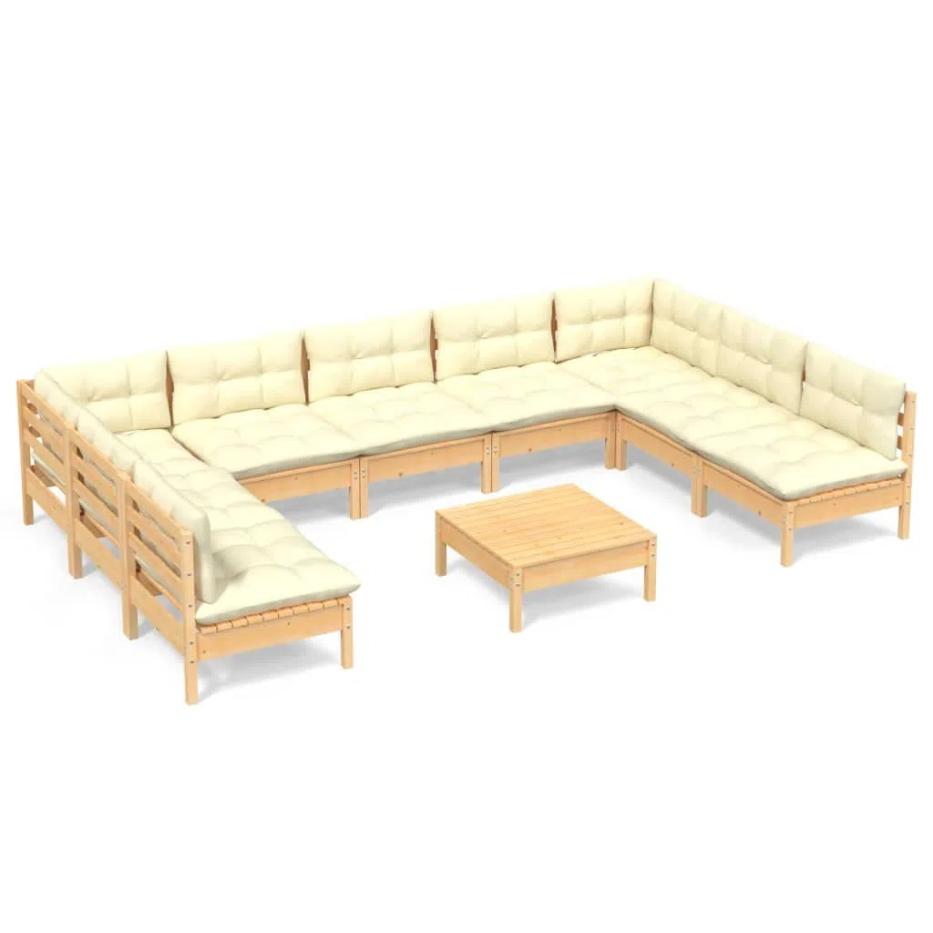 Set da 10 pezzi in legno di pino massiccio con cuscini color crema, set di mobili da giardino per esterni per terrazza e balcone, set modulare con cuscini