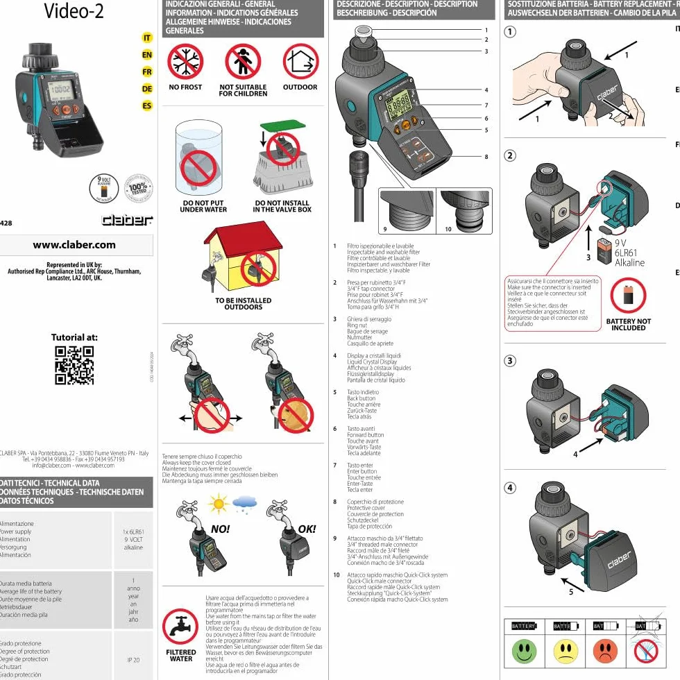 Claber Aquauno Video-2, programmatore a rubinetto a una via