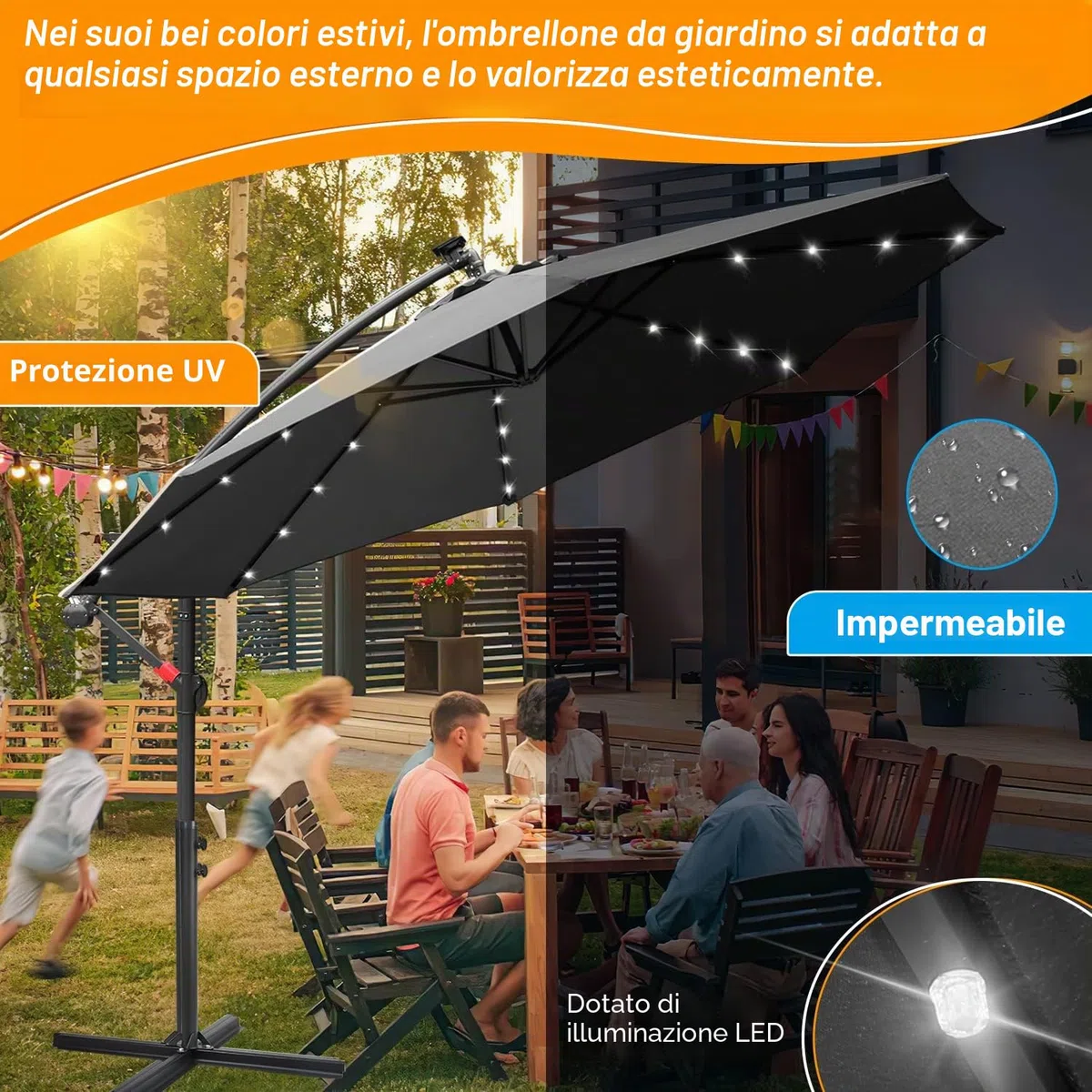 Fiqops Ombrellone LED a energia solare, Ø 350 cm, con manovella, in alluminio, con supporto, protezione solare, protezione dai raggi UV, in alluminio, per il mercato, impermeabile per il giardino