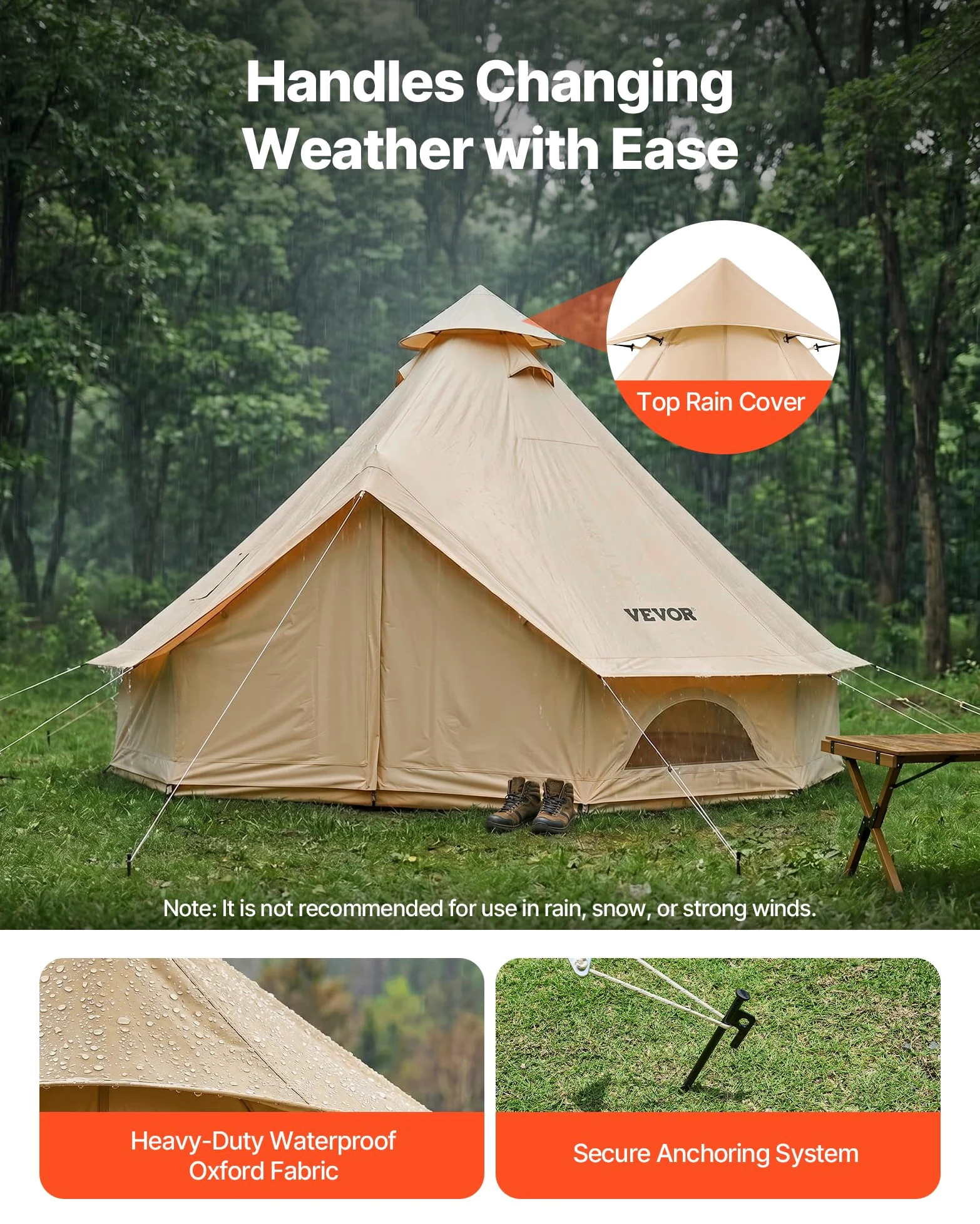 VEVOR Tenda a Campana Oxford da Campeggio, Tenda a Yurta per 4 Stagioni da 4 m, con Presa per Stufa, Impermeabile e Traspirante, Max 4 Persone, con Pavimento Staccabile e Cerniera, per Feste Eventi