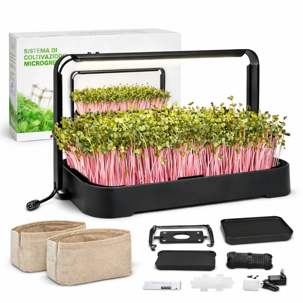 Idroponica Microgreen Indoor con Luce LED Automatica 12h per La CRESCITA OMOGENEA - Kit Idroponico Auto Irrigante con Sacchi Biodegradabili - Mini Serra Compatto per Casa - Capacità 1kg