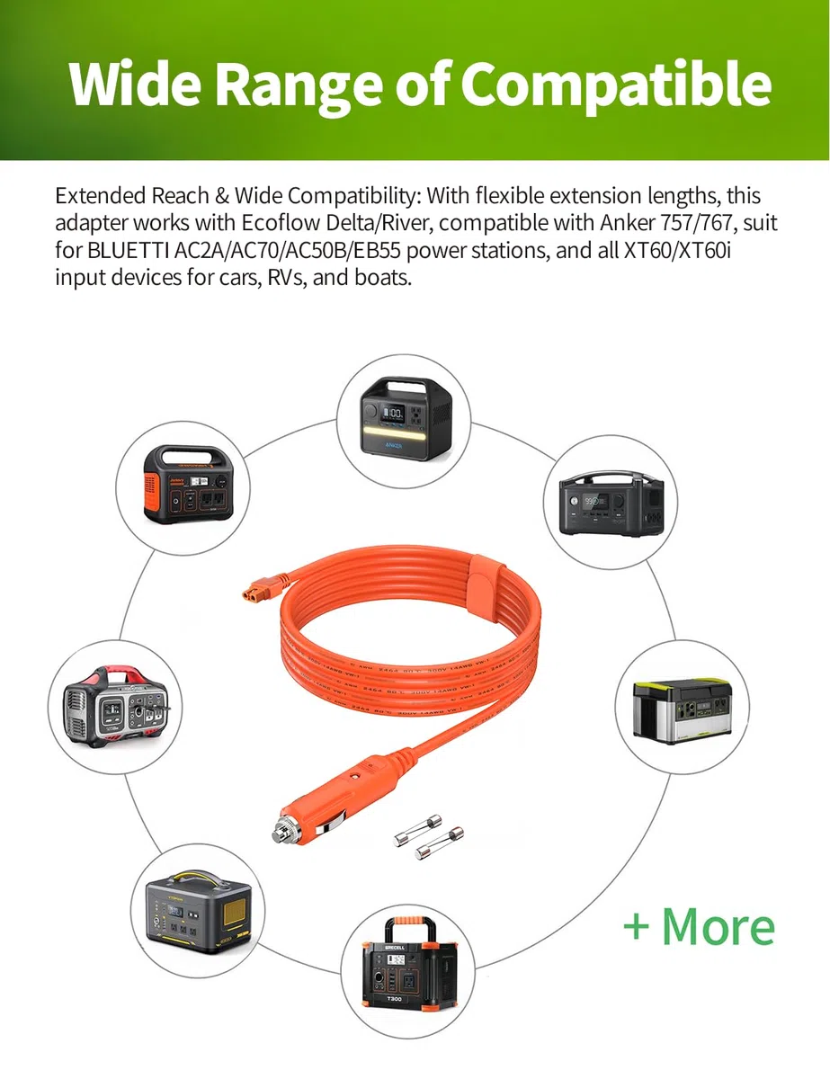 XT60i su Accendisigaro Cavo, 14AWG 12V/24V Ladekabel per Powerstation e Solargeneratore – Compatibile con ECOFLOW, Anker, DJI – Cavo di Estensione 2m per Auto, Camper