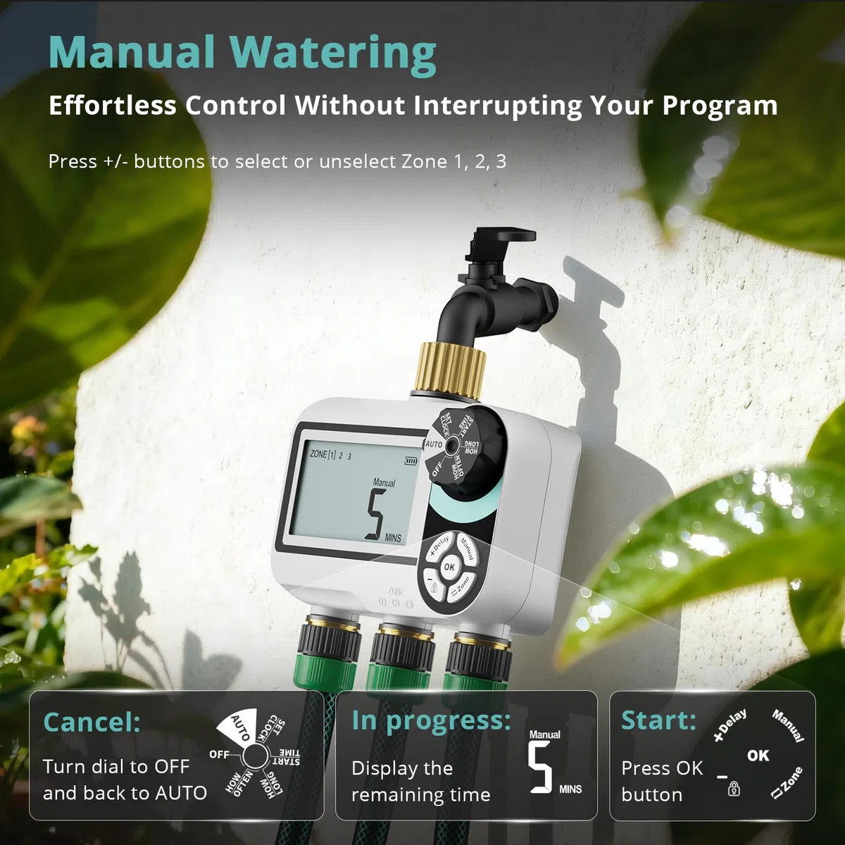 QUOBAS Timer per irrigatore per tubo da giardino, programmabile in ottone, timer digitale dell'acqua con blocco bambini, ritardo pioggia/auto/manuale, 3 modalità, grande schermo impermeabile