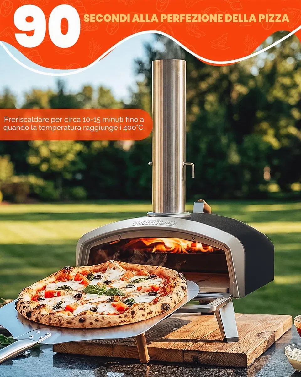 Mimiuo Forno Pizza de Esterno 16", Forno a Legna e Carbonella con Ampia Finestra di Visualizzazione, Indicatore di Temperatura Intelligente con Modalità Intelligenti per La Cucina All'aperto