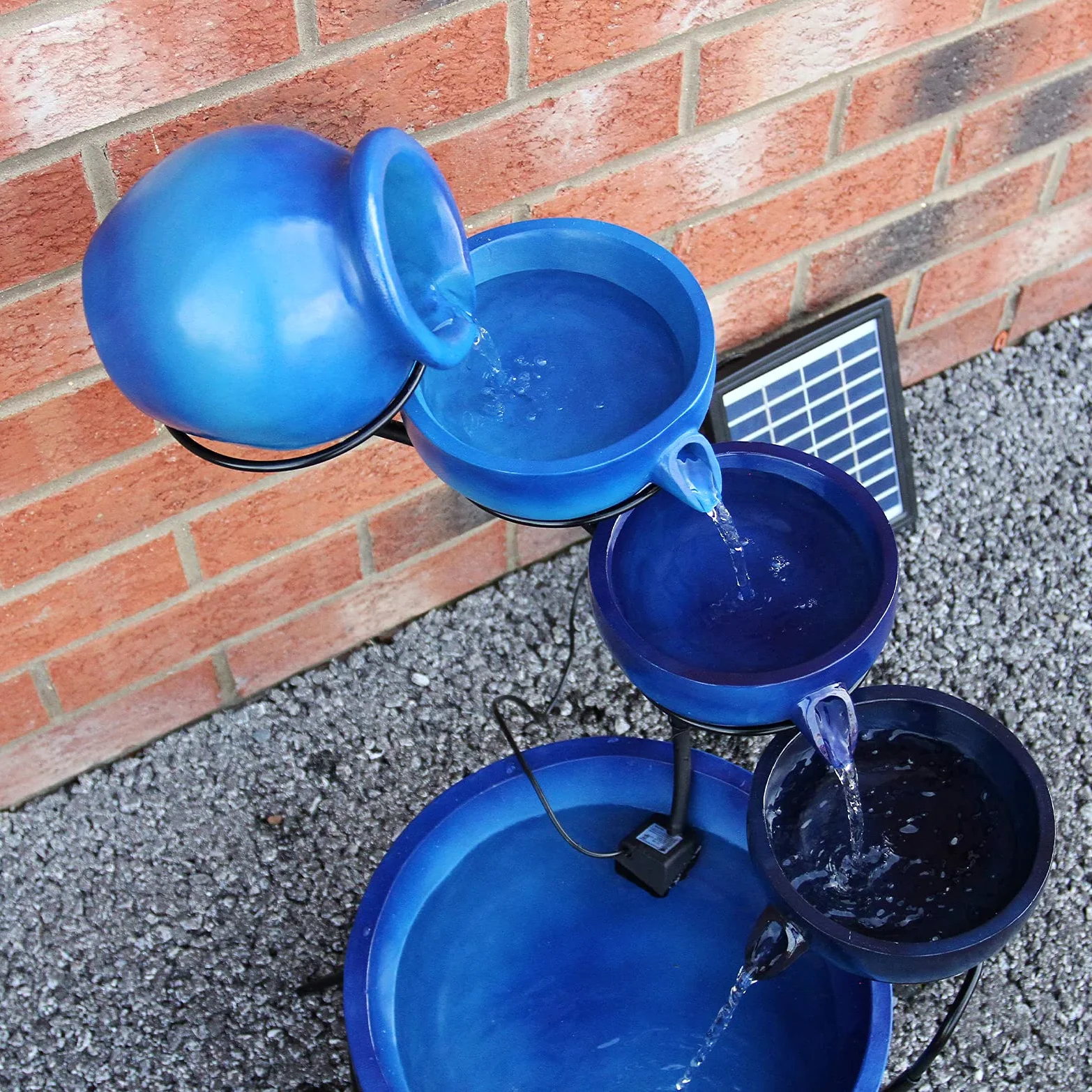 MonsterShop - Fontana Solare a Cascata da Giardino con Batteria di Supporto da 6 Ore Fontanella con Pannello Solare e Picchetto Fontanella a Vasi Fontana con Ciotole - Blu