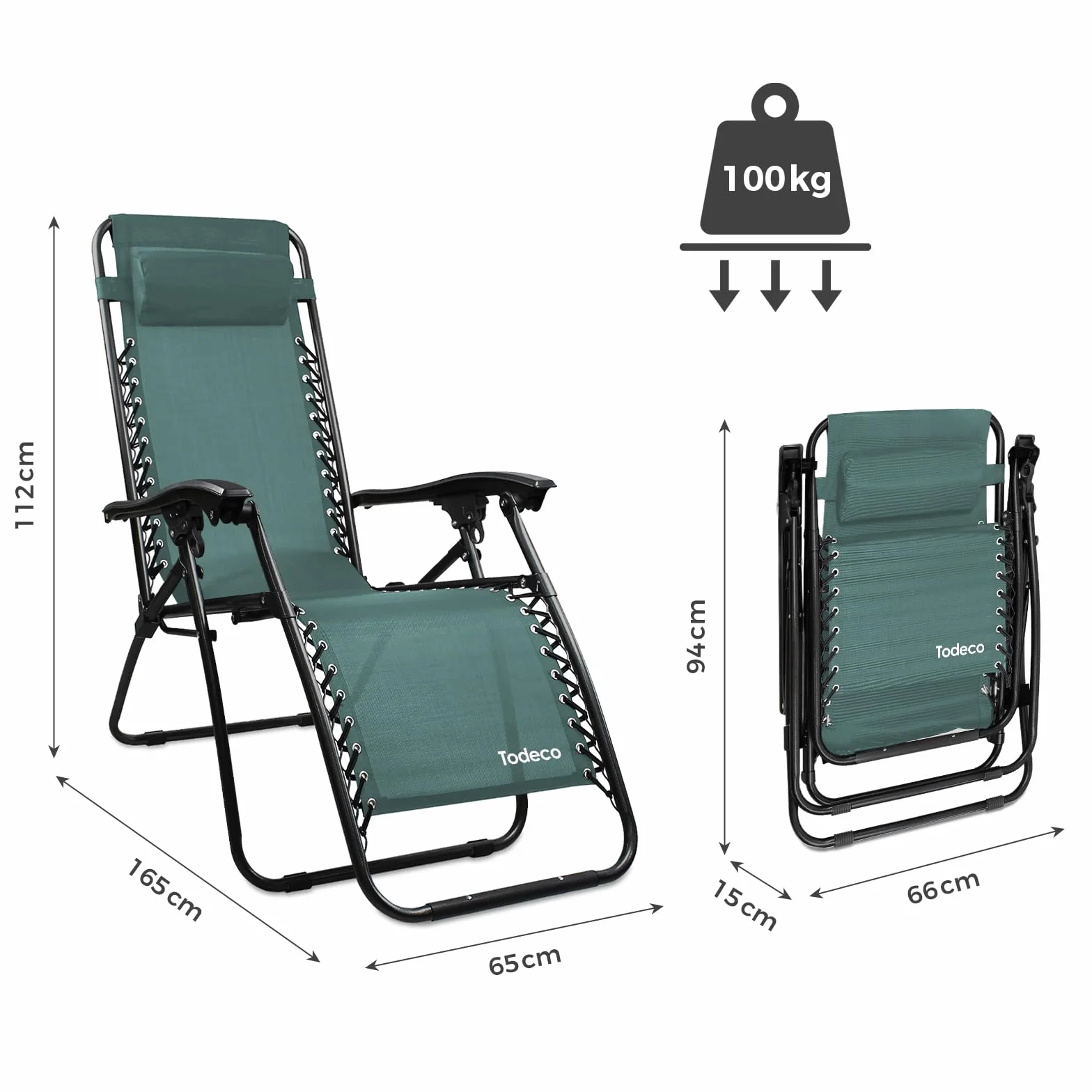 Sotech Todeco Sdraio Per Giardino, Sedia Pieghevole A Gravità Zero, Verde | Textilene resistente, cuscino incluso, carico massimo 100 kg, struttura in acciaio, sdraio da giardino