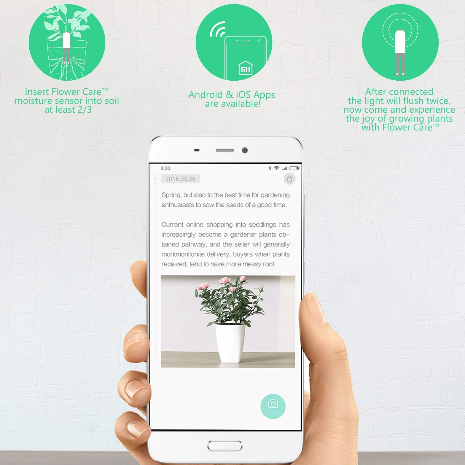 4 in 1 Sensore Umidità Terreno, Igrometro Piante, Misuratore Umidità Terreno, Intelligente Tester del Umidità/Luce/Fertilità/Temperatura, per Mijia APP e Interno(1 PCS)