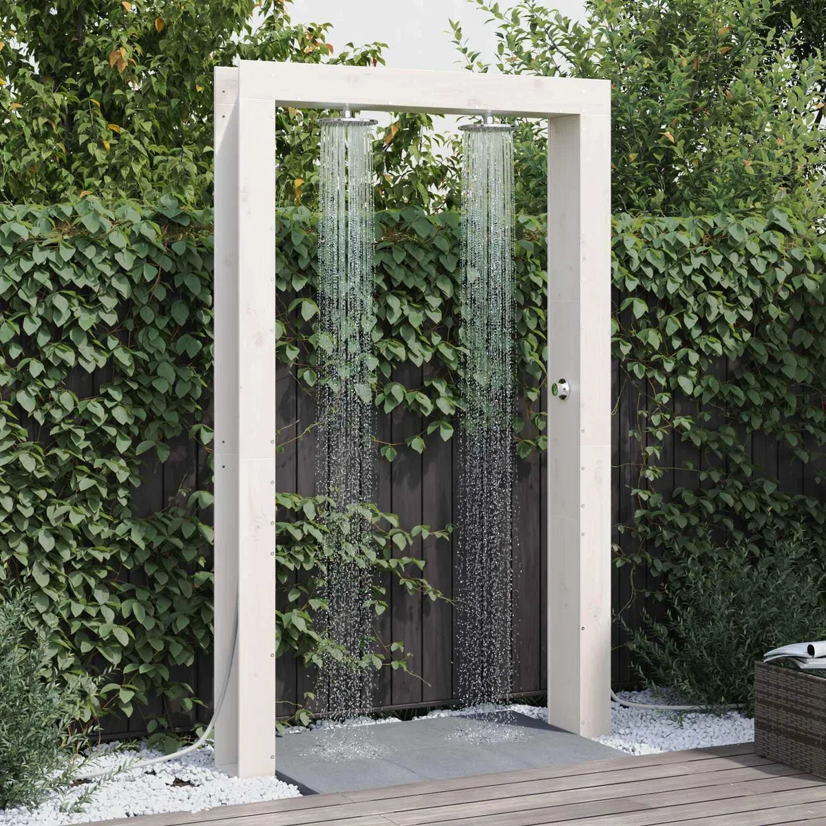 Doccia per esterni in legno massello di pino e acciaio inox, bianco, 226 cm, con tubo doccia regolabile in altezza, soffione girevole, resistente alle intemperie, per giardino, piscina
