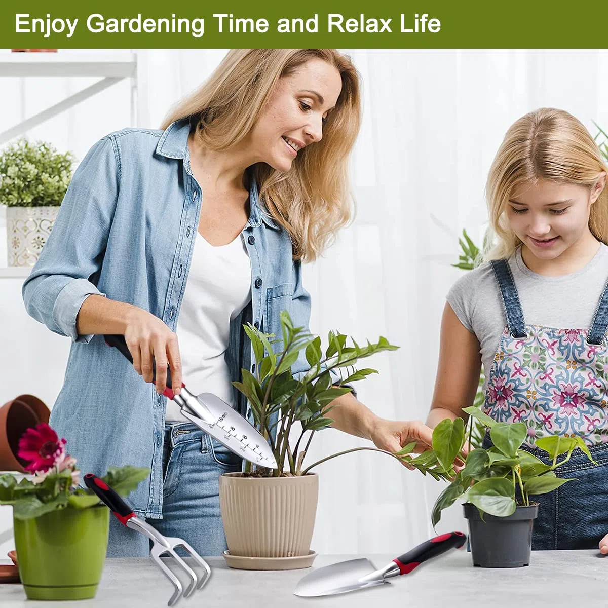 FANHAO Utensili da Giardino, Set Attrezzi da Giardino 3 Pezzi, Include Cazzuola per Trapianto, Paletta per Terreno, Rastrello a Mano (Rosso)