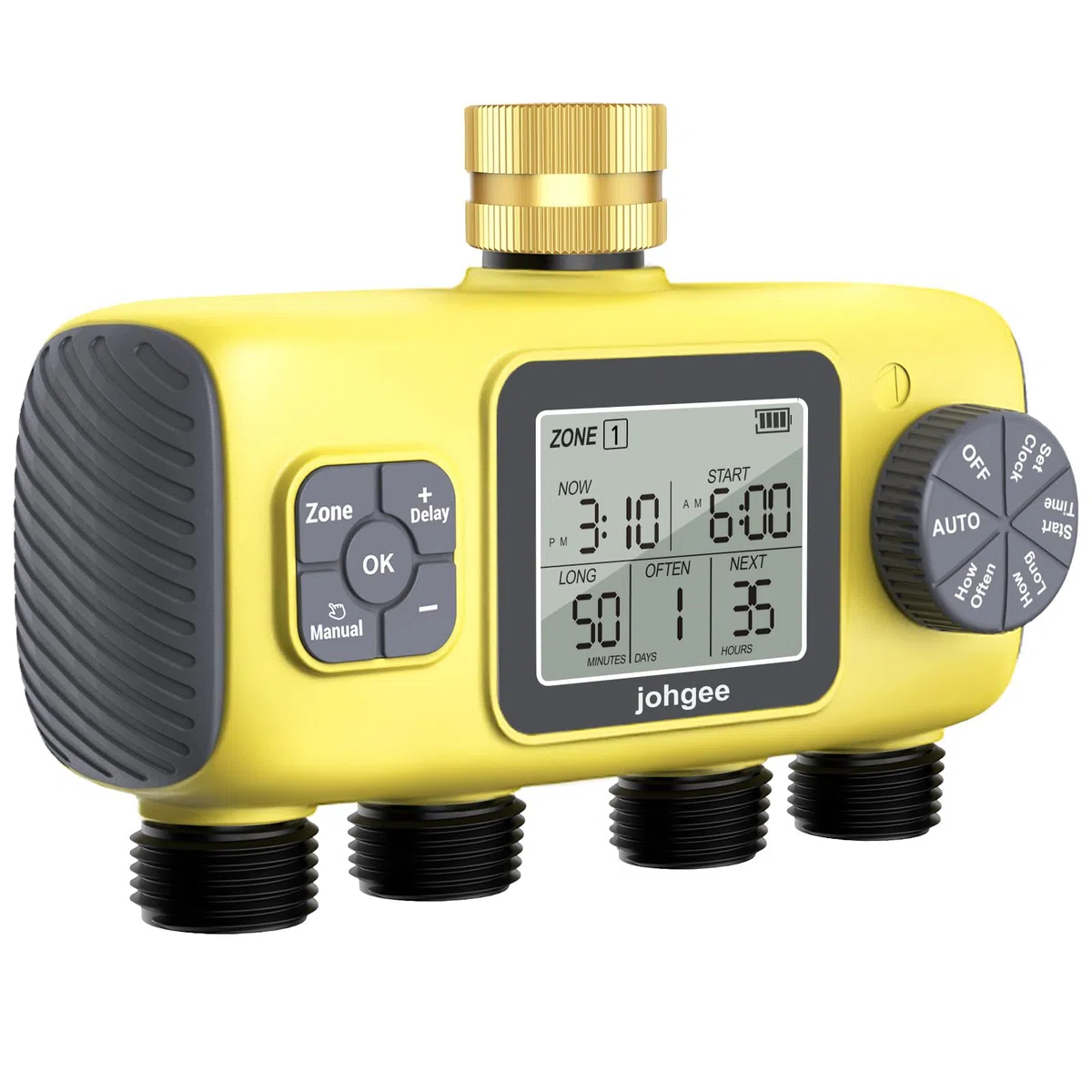 Johgee Centralina Irrigazione 4 vie, con Ingresso in Ottone, 4 Vie Timer Irrigazione Automatica Digitale Ritardo per Pioggia/Bewässerung Manuale, Programmatore Irrigazione per Prato e Giardino