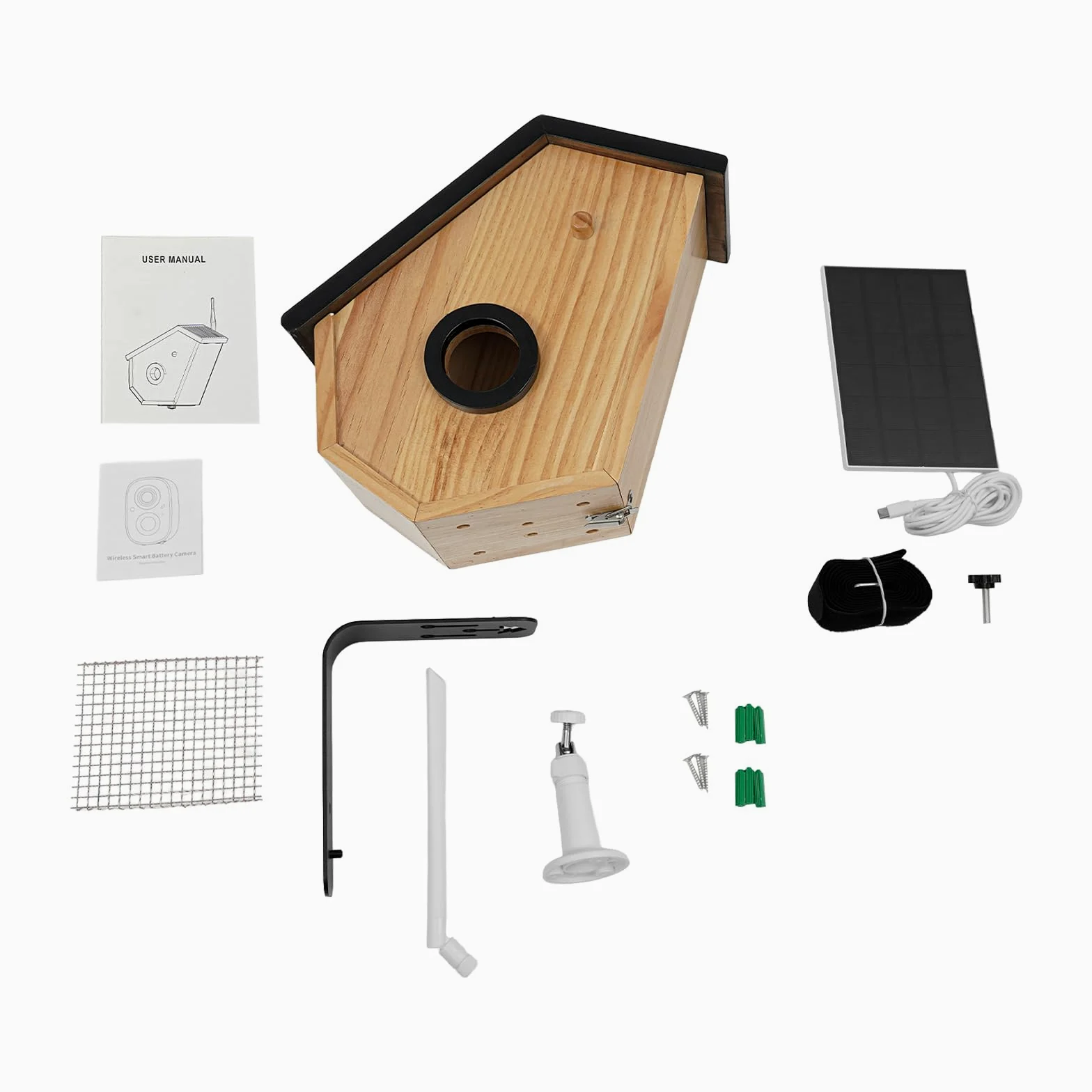 Casetta per uccelli in legno di pino a energia solare, con fotocamera solare, riconoscimento degli uccelli artificiali, batteria per visione notturna HD, IP65, in legno di pino per giardino