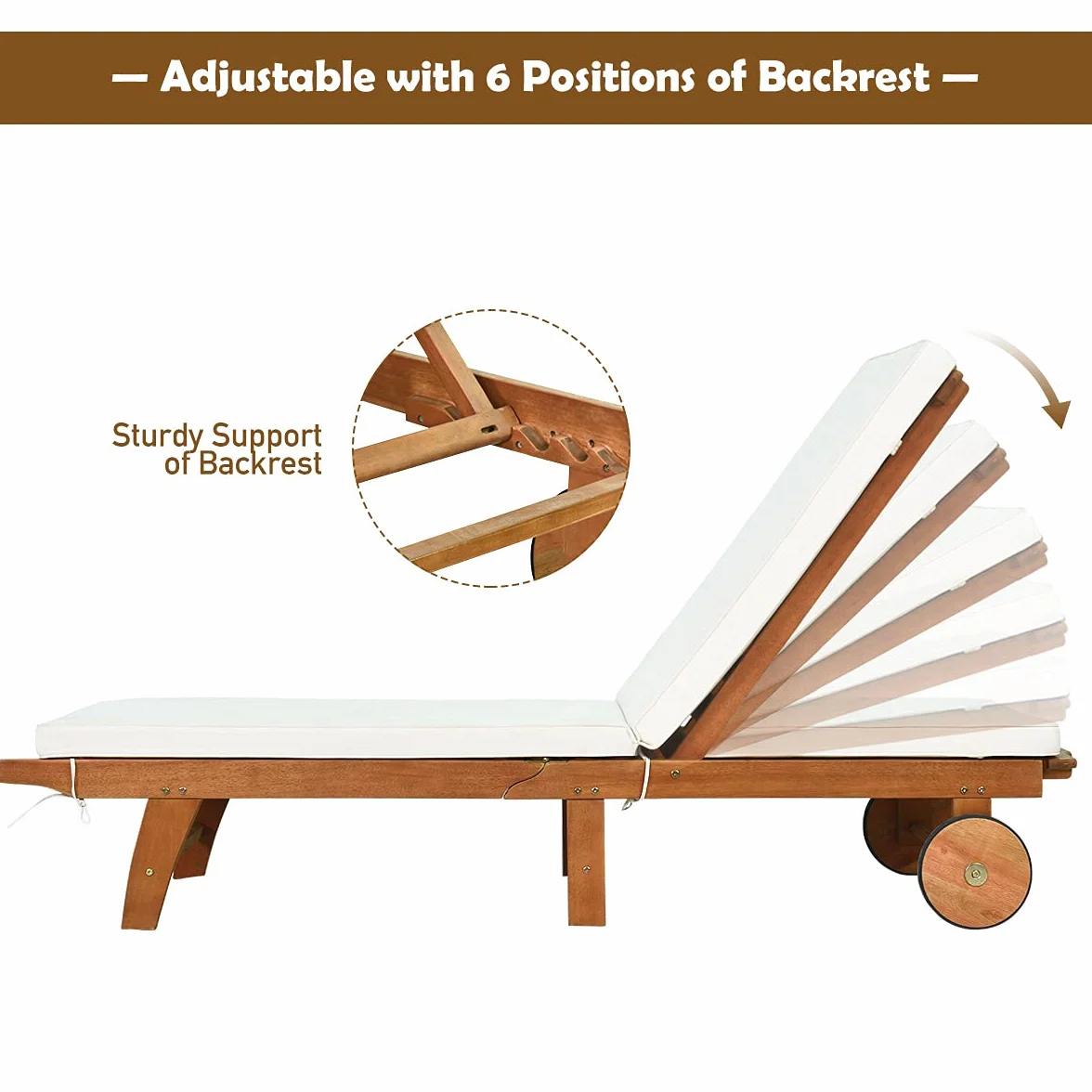 KOMFOTTEU Lettino Prendisole con Schienale Regolabile, Sedia Sdraio in Legno di Eucalipto, Sdraio dav Spiaggia con Cuscino e 2 Ruote, Portata fino a 160 kg, Natura e Beige, ‎195 x 68 x 30-90 cm (1)