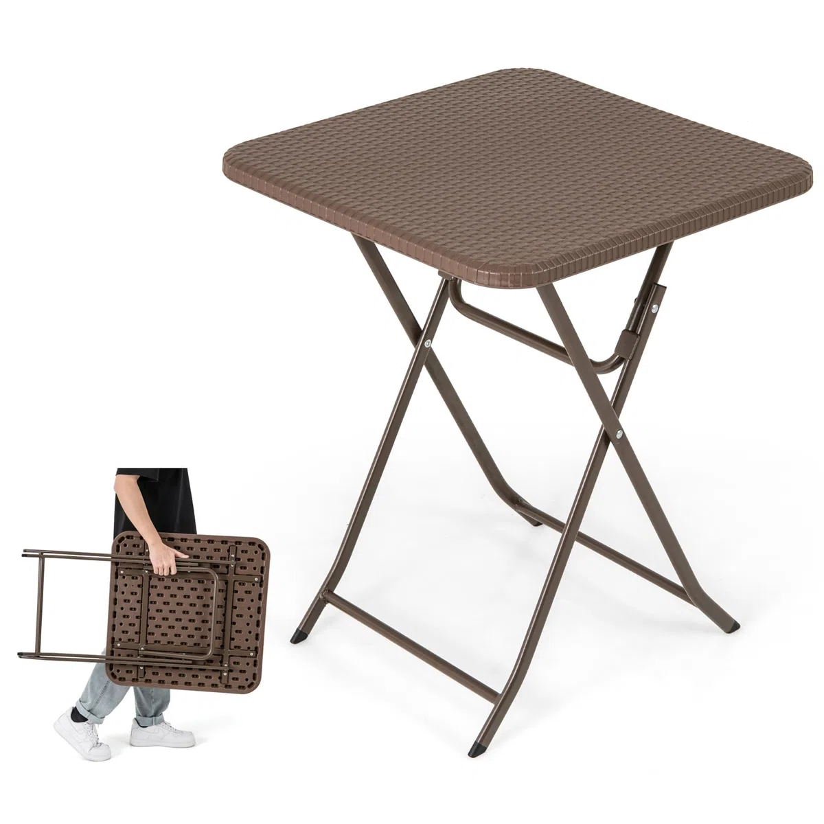 LIFEZEAL Tavolo pieghevole in rattan, tavolino quadrato da 60 cm per esterno con telaio metallico, tavolo portatile da picnic per campeggio