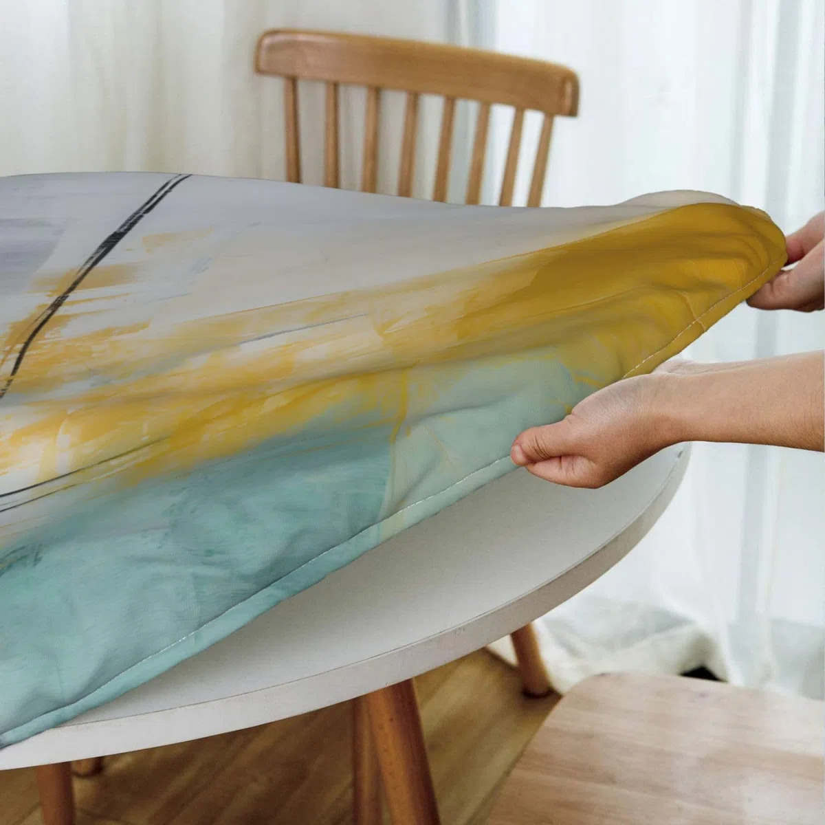 Mexpekil Tovaglia rotonda con bordo elastico, pittura astratta, facile da pulire, impermeabile, protezione per tavolo per esterni, S, adatta per tavoli rotondi da 101 a 111 cm